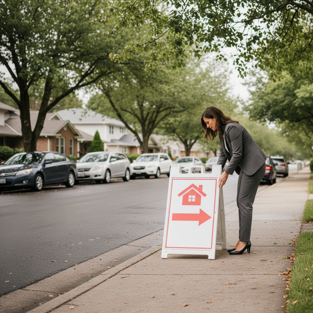 Agent placing a directional open house A-frame sign on a sidewalk, illustrating a complete for sale sign ecosystem
