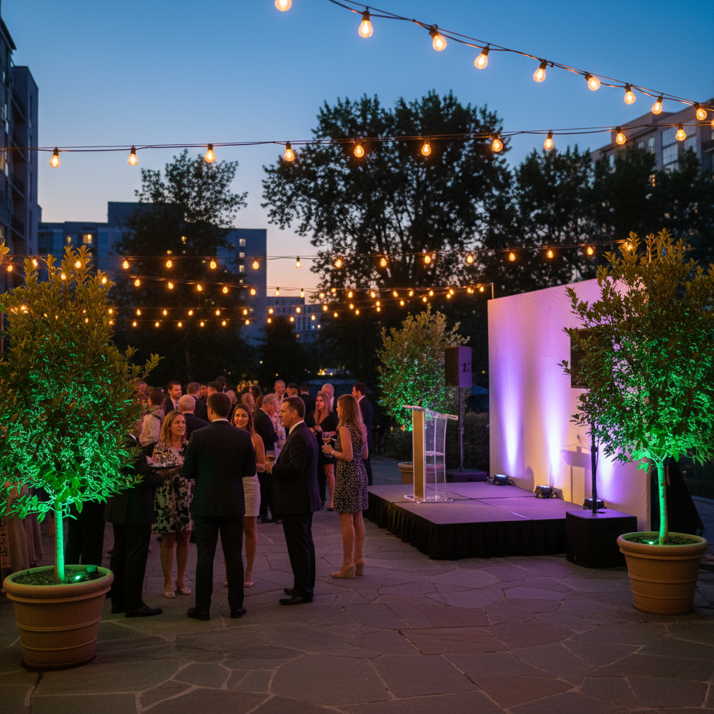 Outdoor patio reception scene at dusk with warm string lights and uplights, illustrating social event lighting basics in Mississauga