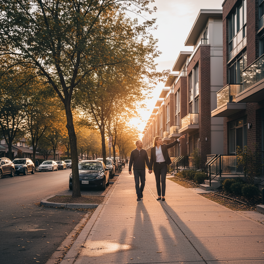 North York neighborhood street near low-rise condos where a REALTOR tours first-time buyers in the Toronto metro