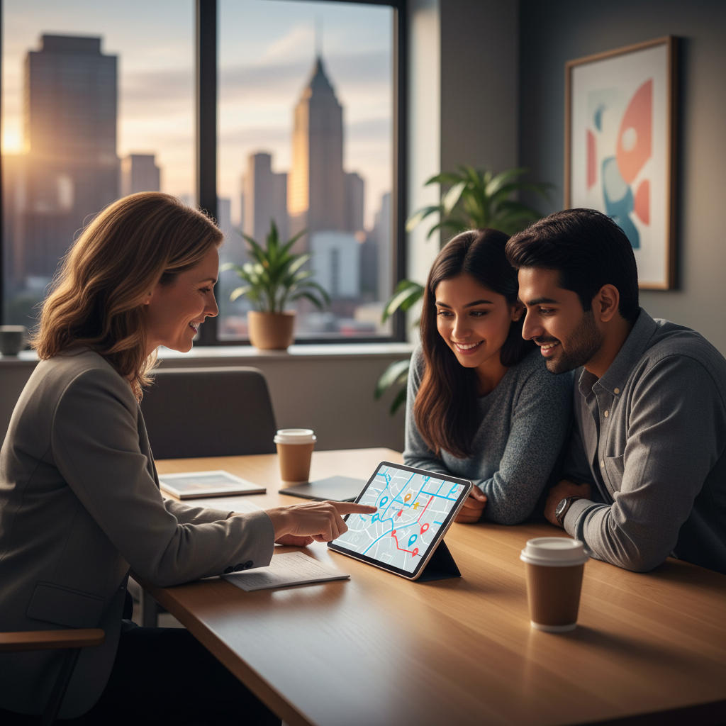 Real estate agent meeting first-time home buyers to review amortization scenarios and property timelines