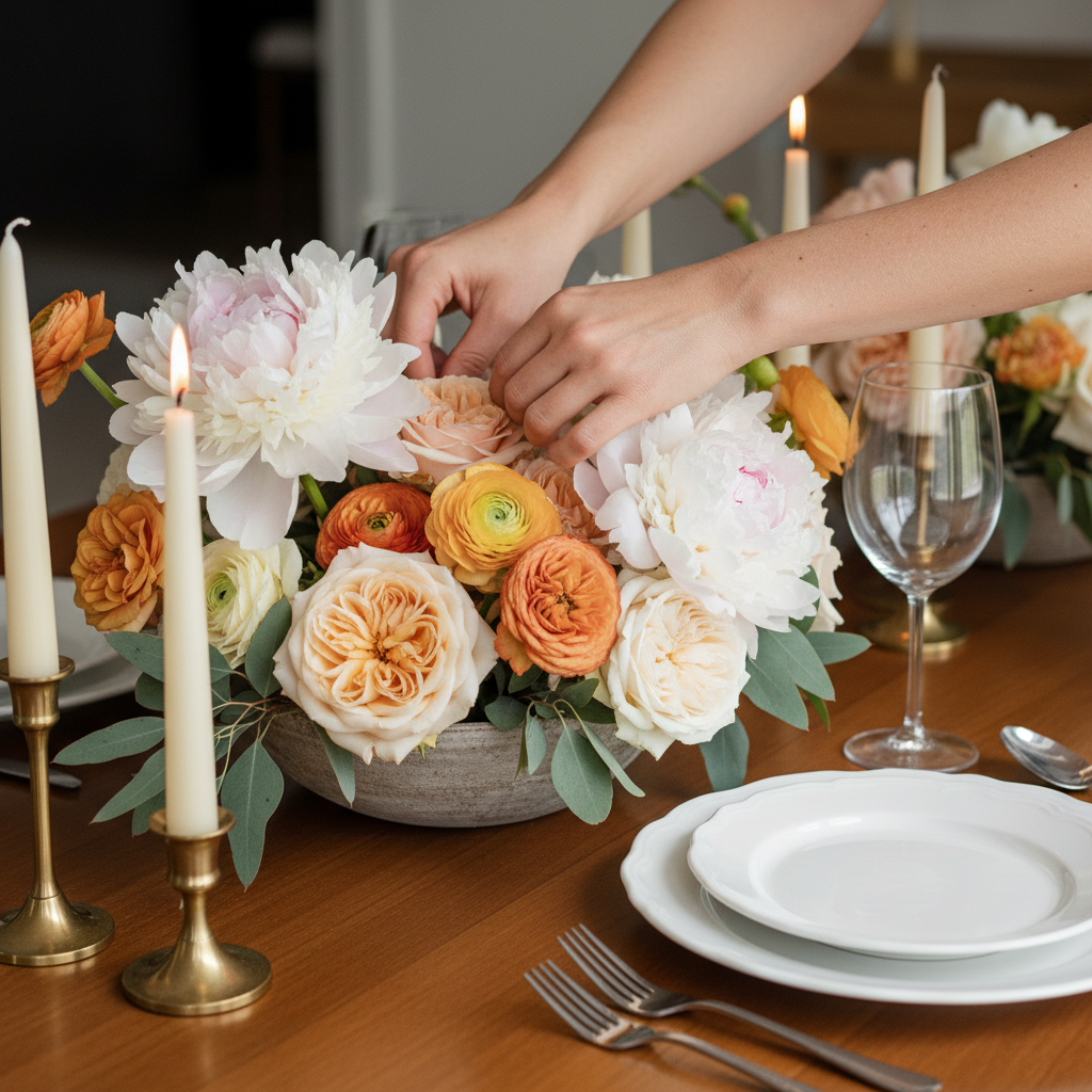 Close-up of hands arranging a low floral centerpiece for a wedding tablescape with candles and elegant place setting