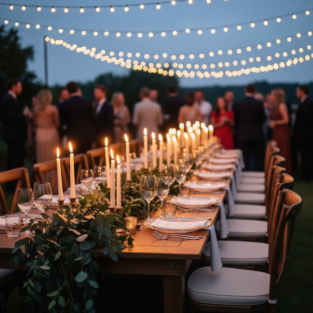 Outdoor banquet wedding tablescape under string lights with greenery garlands, taper candles, and elegant glassware in warm evening light