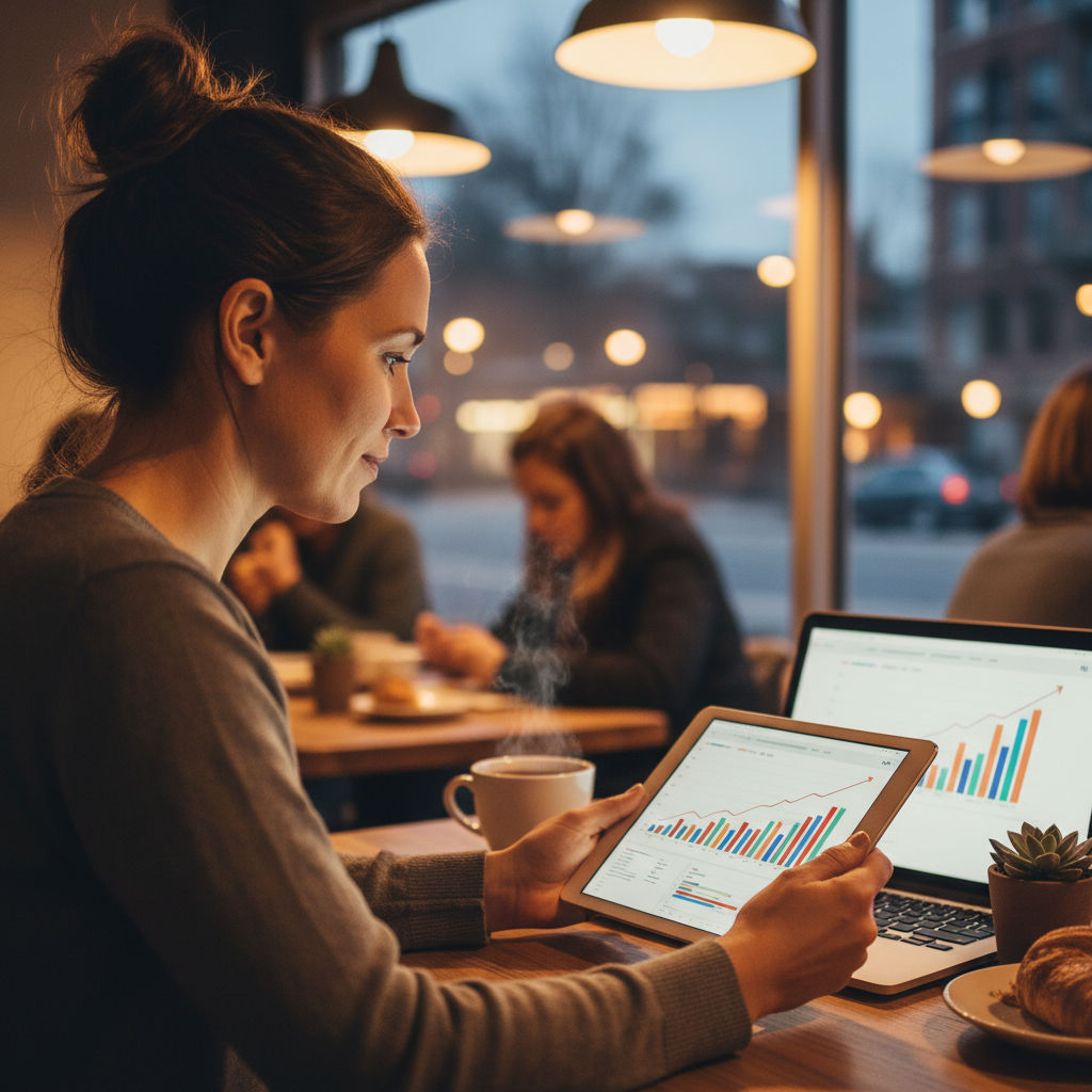 Small business owner reviewing automated website analytics on a tablet, representing hands-free WordPress SEO automation results