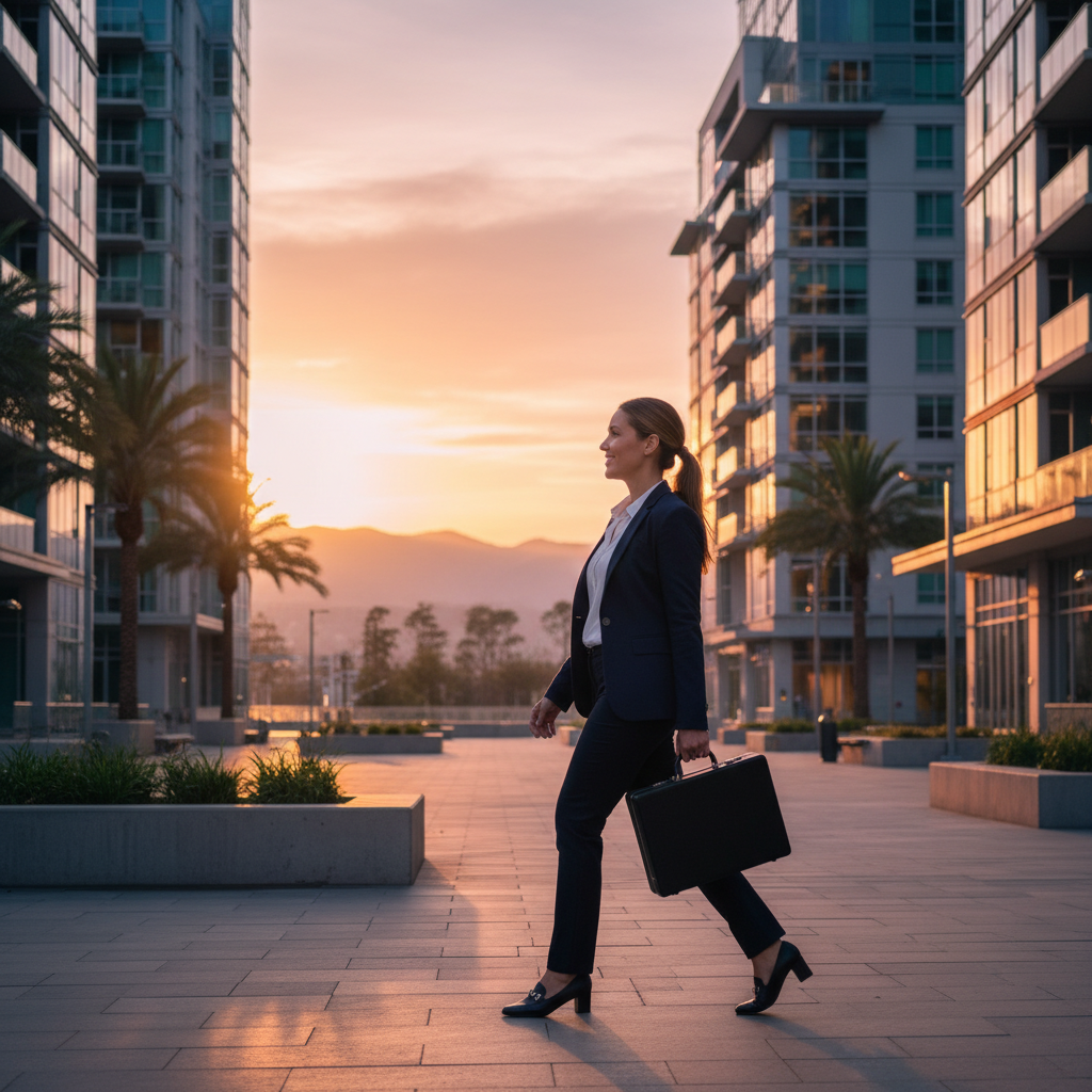 Outdoor lifestyle realtor branding photo near contemporary condos at golden hour; Maple Ridge and Metro Vancouver brand visuals