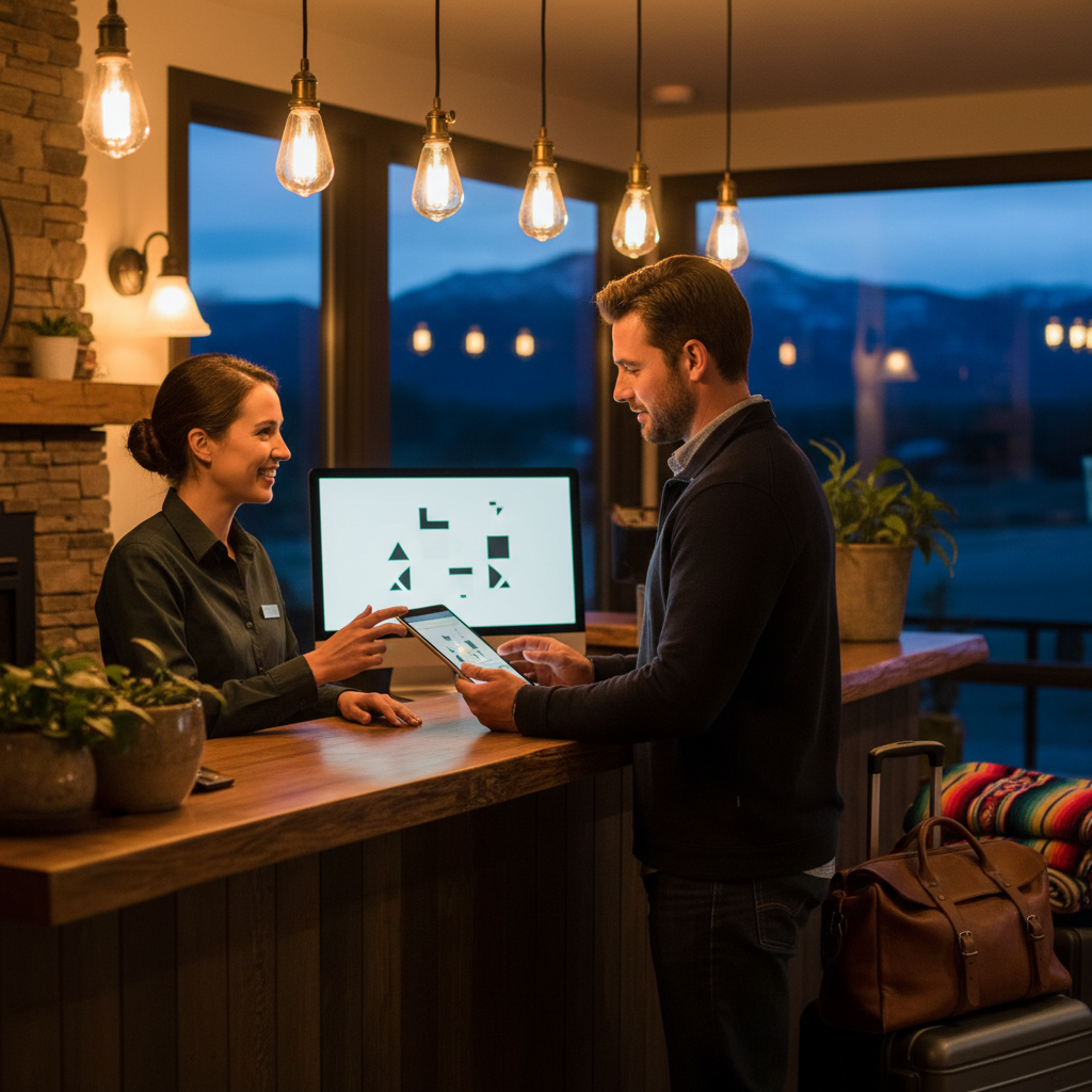 Friendly North Conway motel front desk assisting a late-arriving guest with tablet check-in