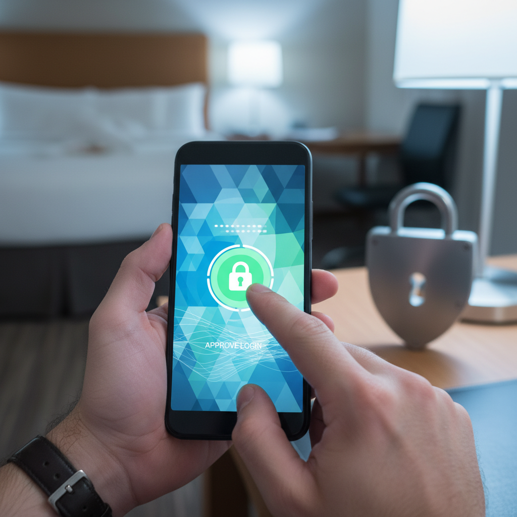 Two-factor authentication on a smartphone during secure motel booking checkout