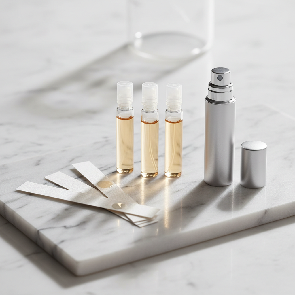 Perfume discovery sample vials and blotter strips used to build a fragrance wardrobe