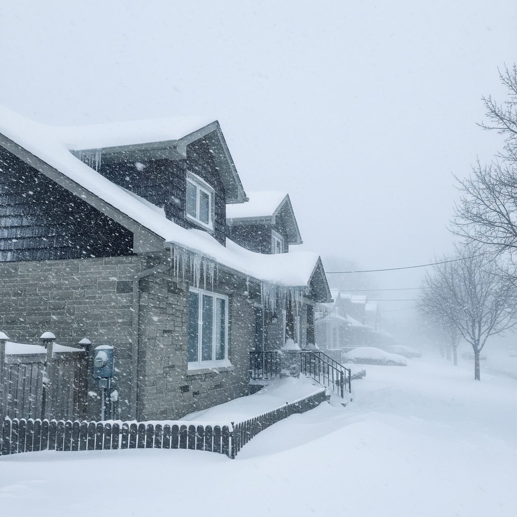 Ontario winter snowstorm striking a detached house, emphasizing weather-related risks for Ontario home insurance buyers