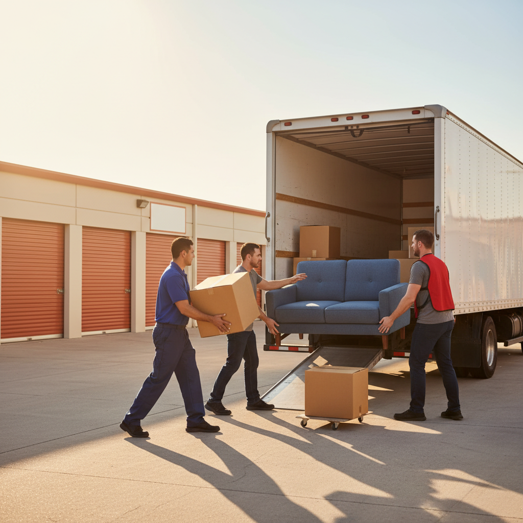 Movers loading items from a storage facility into a truck for a timely storage move-out