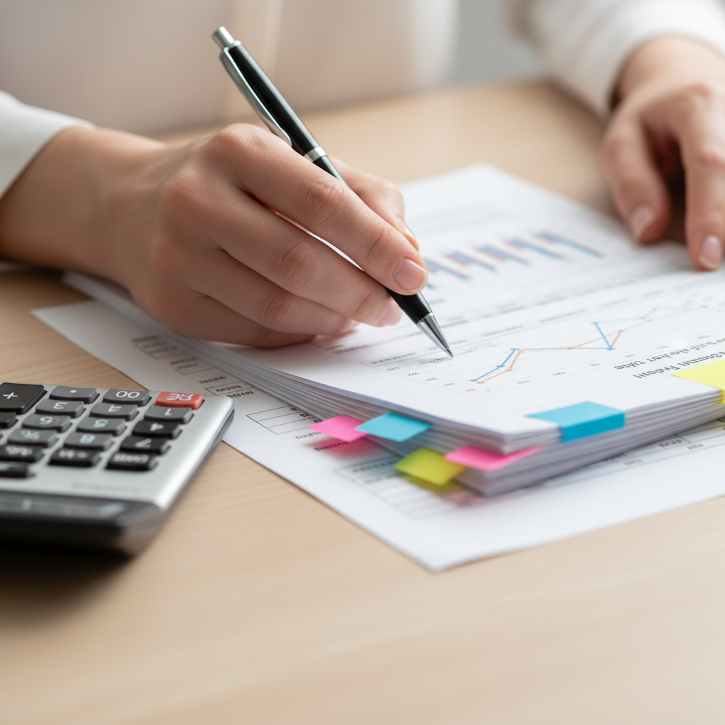 Close-up of SMSF compliance paperwork, calculator, and tabs for audit evidence