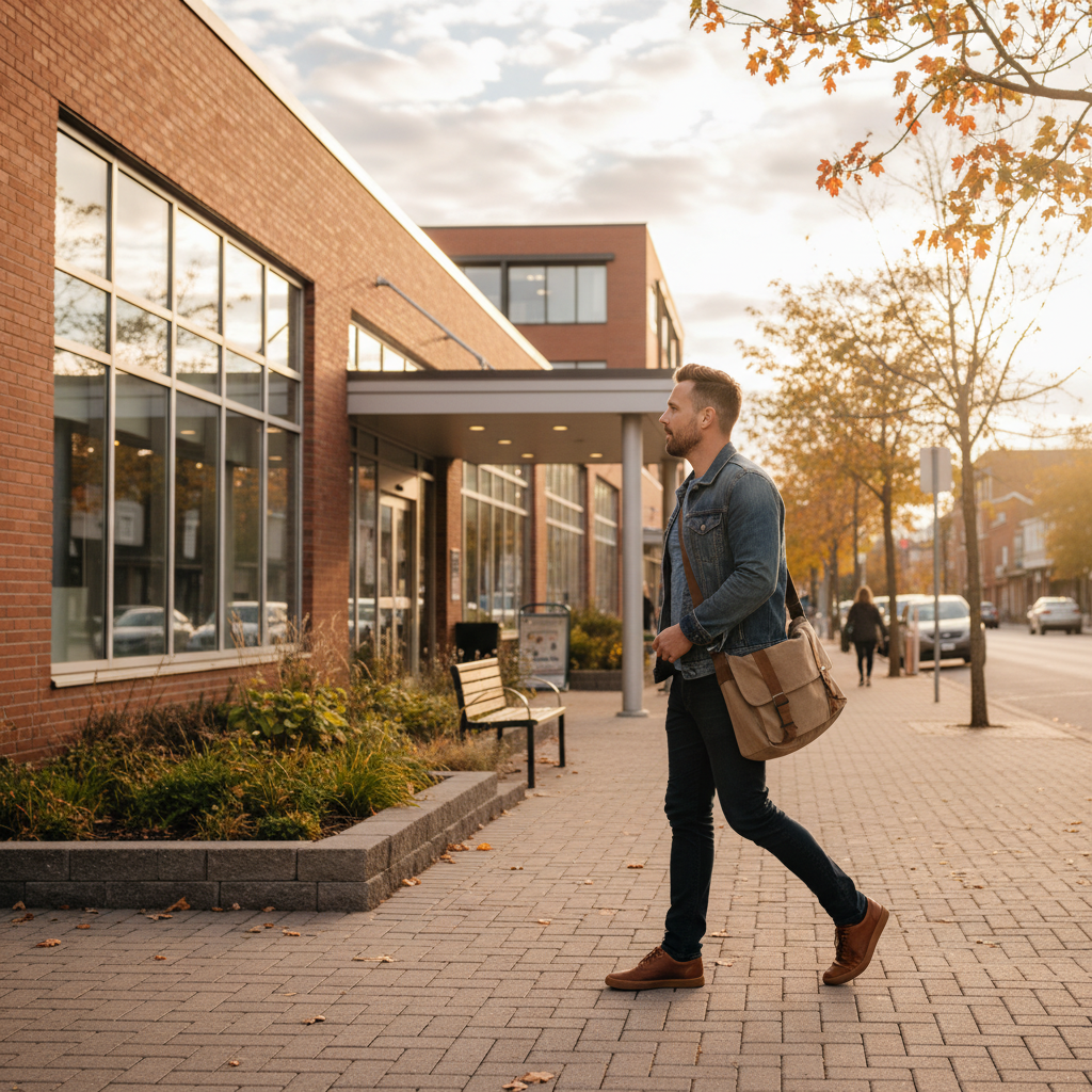 Man approaching a community clinic in Ontario for men’s rehab intake, illustrating discreet outpatient access
