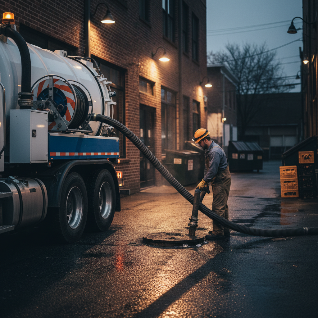 Vacuum truck hose connected to outdoor grease interceptor access during professional grease trap pumping service near an Ontario restaurant service entrance