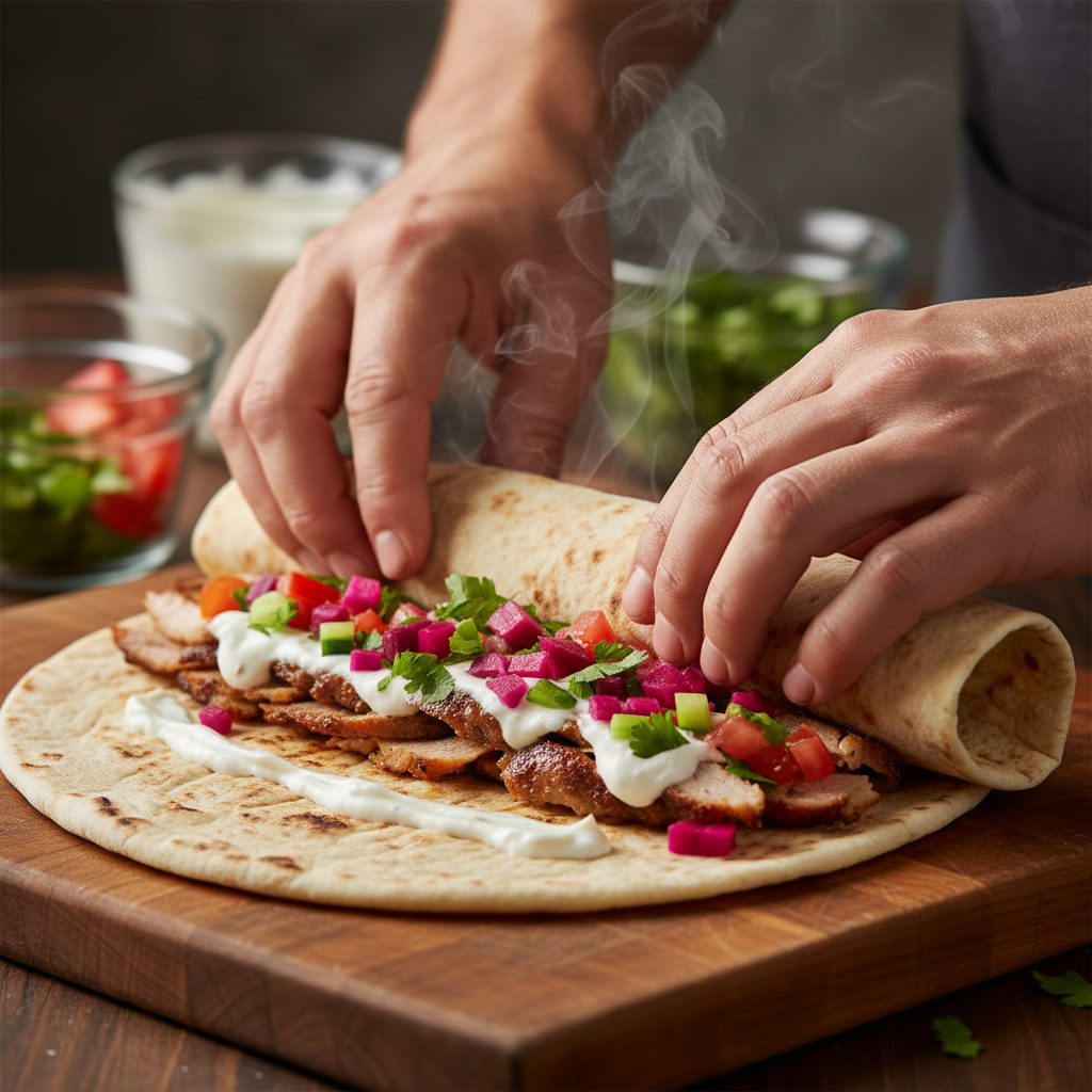 Close-up of a build-your-own shawarma wrap being assembled with pita, roasted meat, garlic sauce, and pickled turnips for Toronto catering