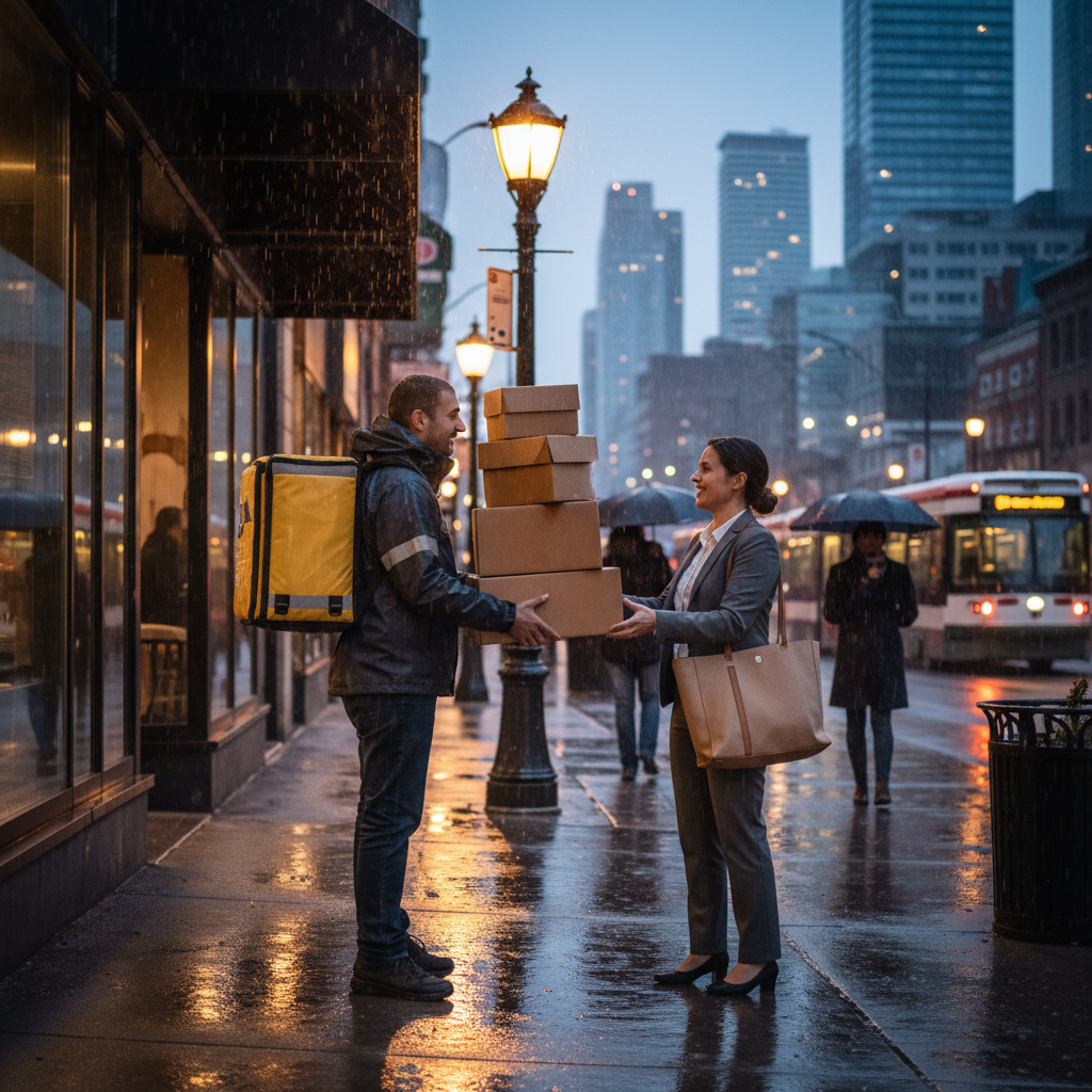 Toronto catering delivery handoff at dusk with eco-friendly food boxes for a corporate event near College St