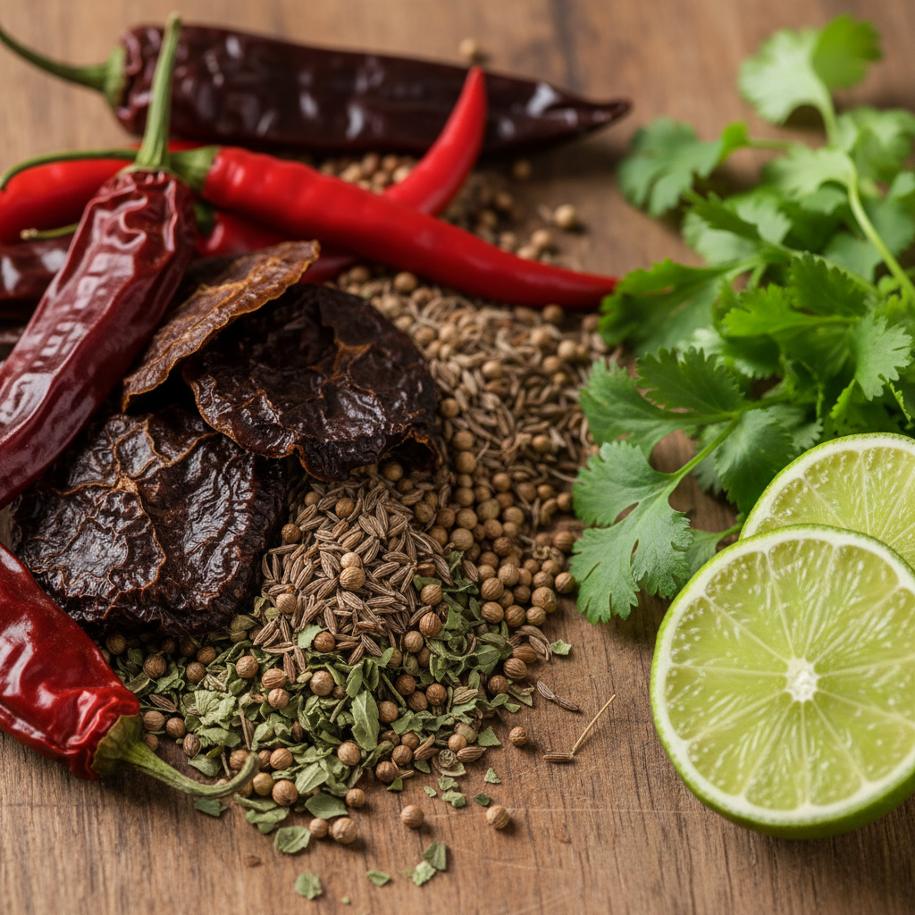 Close-up of Mexican chiles and spices used to shape Mexican cuisine flavor profiles