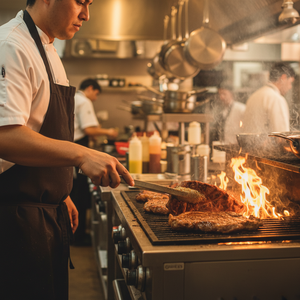 Chef grilling carne asada over open flame to build smoky Mexican flavor profile
