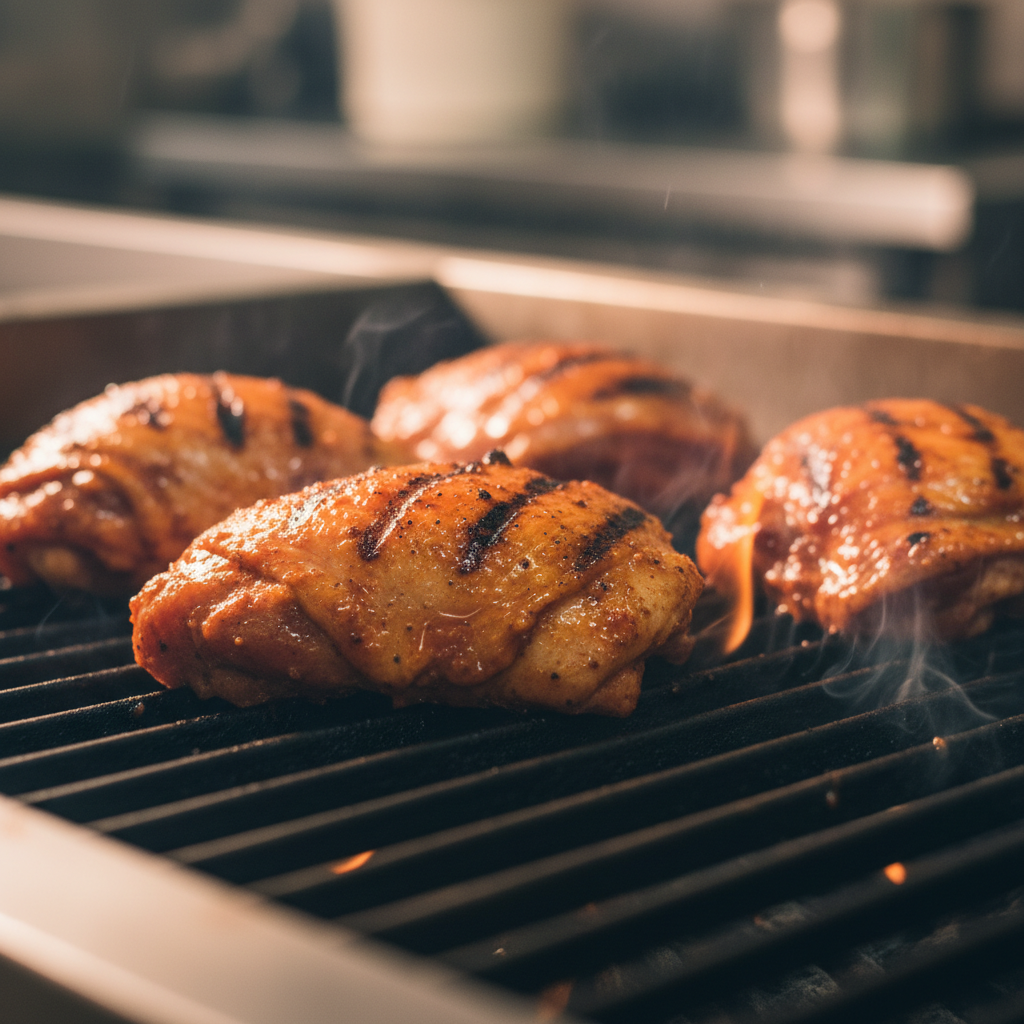 Close-up of pollo asado chicken thighs sizzling on grill grates with citrus-achiote marinade, demonstrating sear and char for grilled Mexican proteins