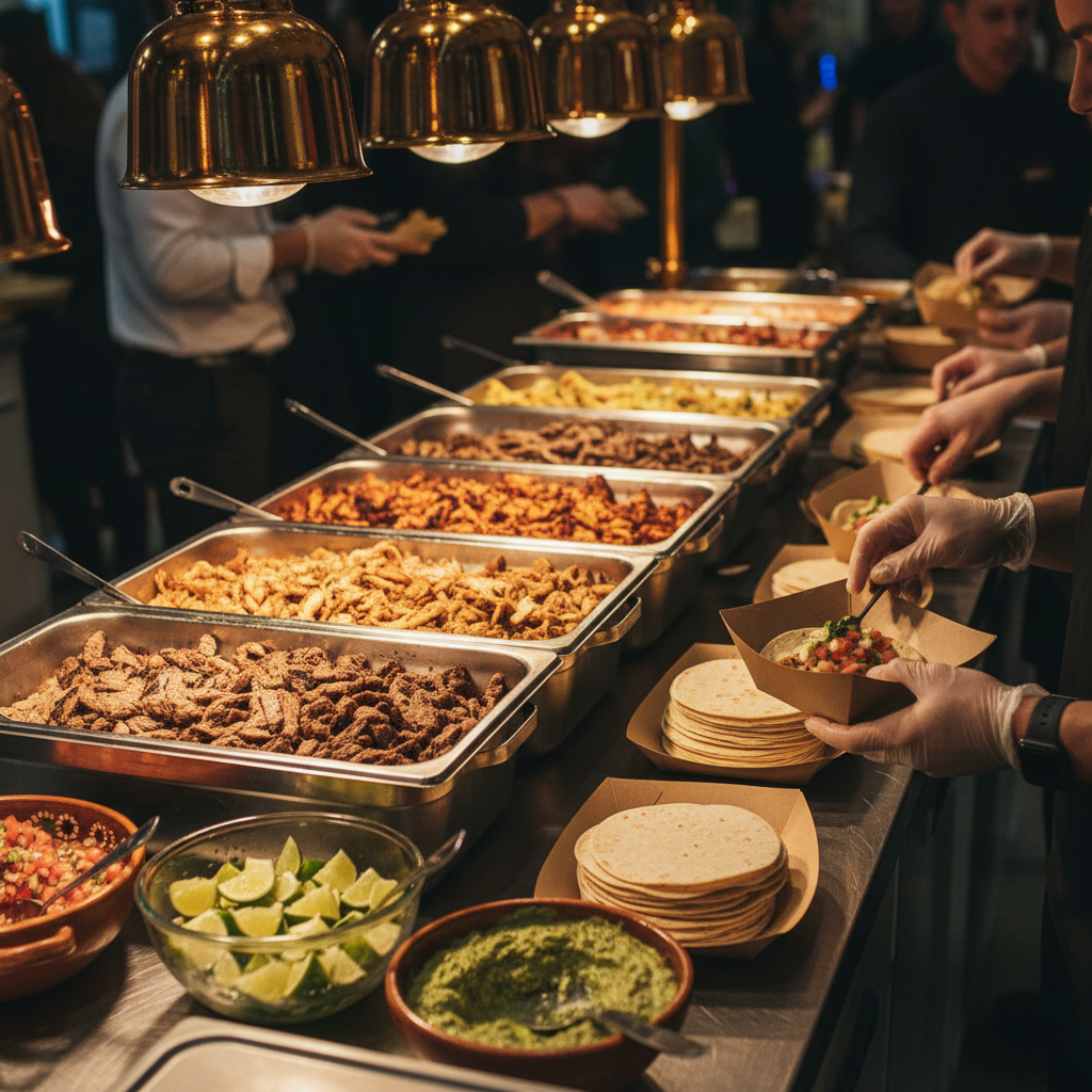 Catering line assembling Mexican taco trays with grilled beef, chicken, and shrimp alongside tortillas and salsas at La Rio’s Mexican Grill