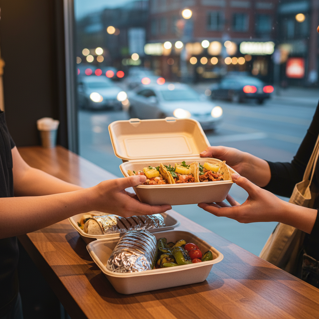 Takeout handoff scene with tacos and grilled vegetables ready for pickup in Toronto – Mexican grill takeout