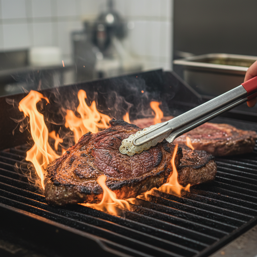 Close-up of carne asada searing on grill grates at an authentic Mexican grill in Canada