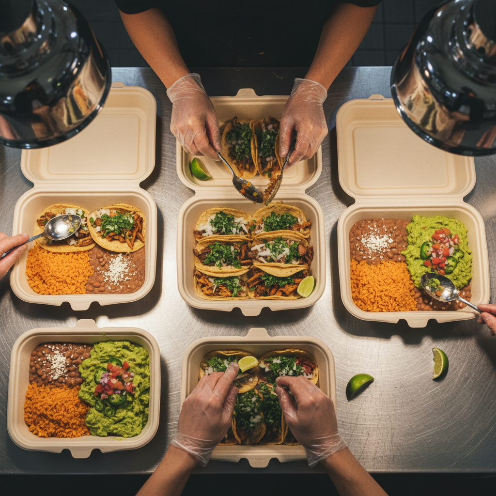 Top-down view of a Mexican catering spread being packed for takeout at a Toronto Mexican grill