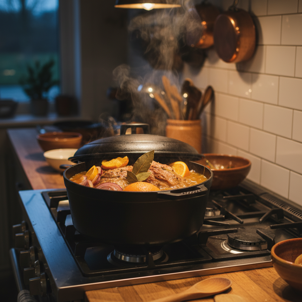 Dutch oven simmering pork carnitas with orange, bay leaves, and onions, step before shredding