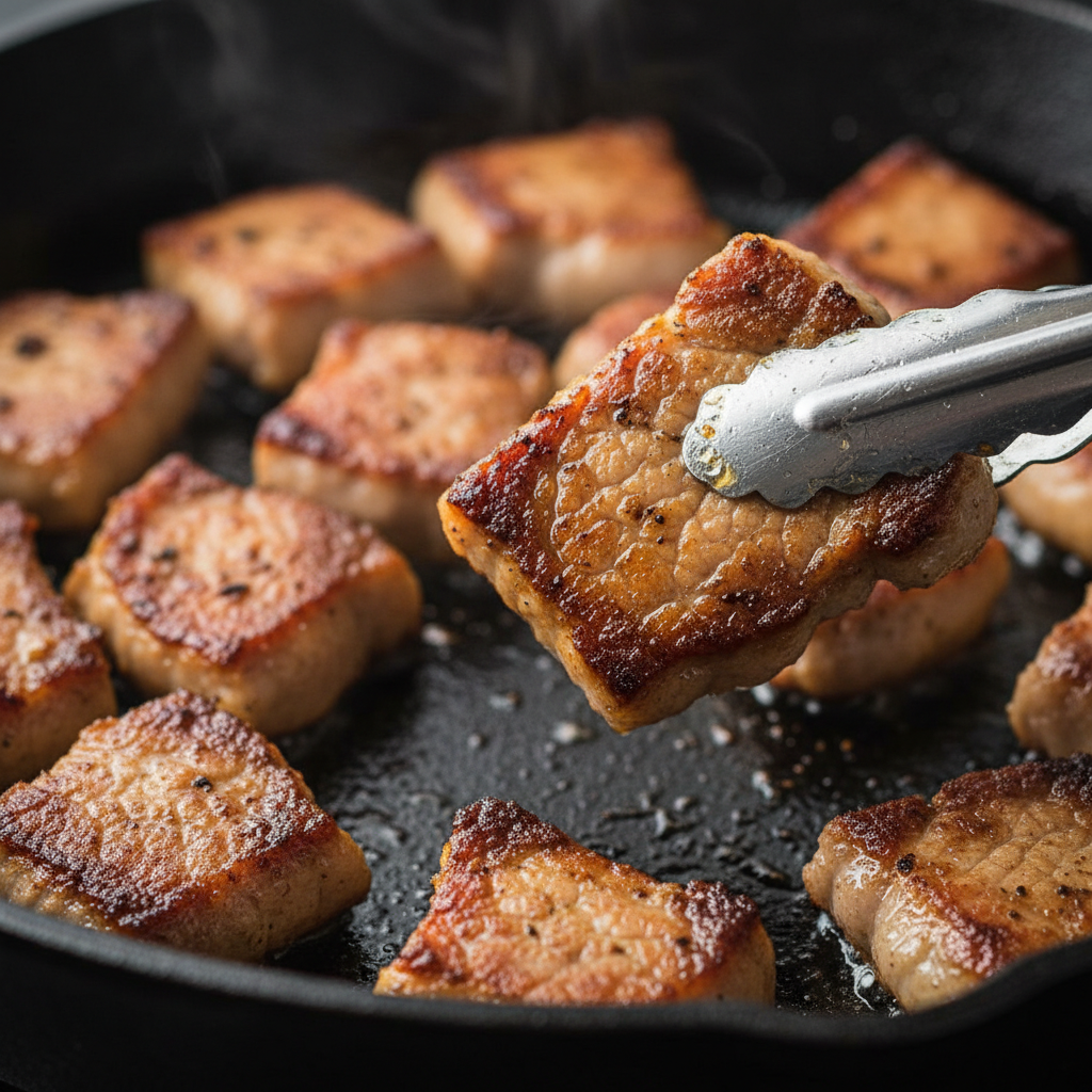 Close-up of pork carnitas browning in cast-iron skillet for crispy edges, home method from La Rio's Mexican Grill