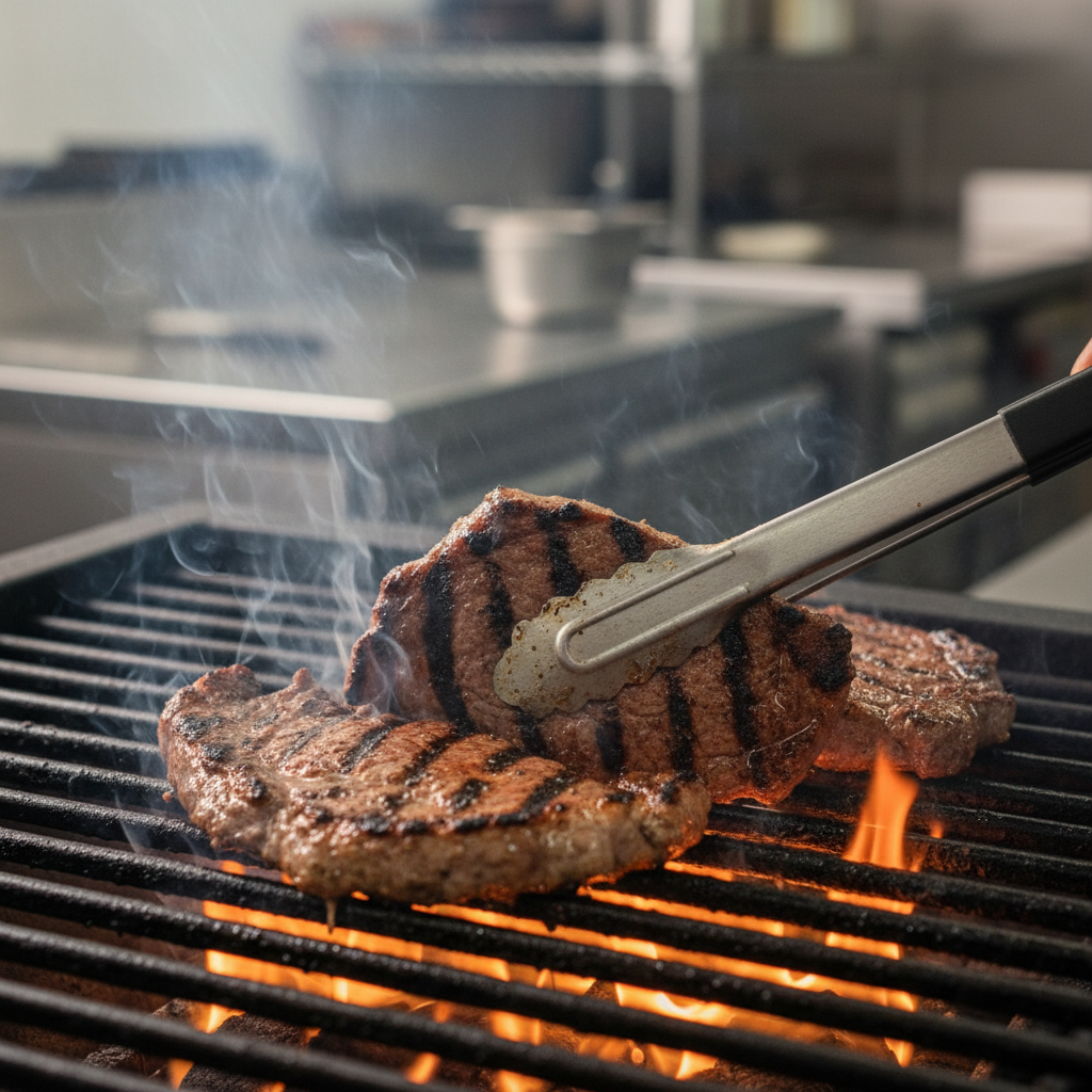Close-up of carne asada grilling for Mexican grill catering in Toronto with sear marks and smoke
