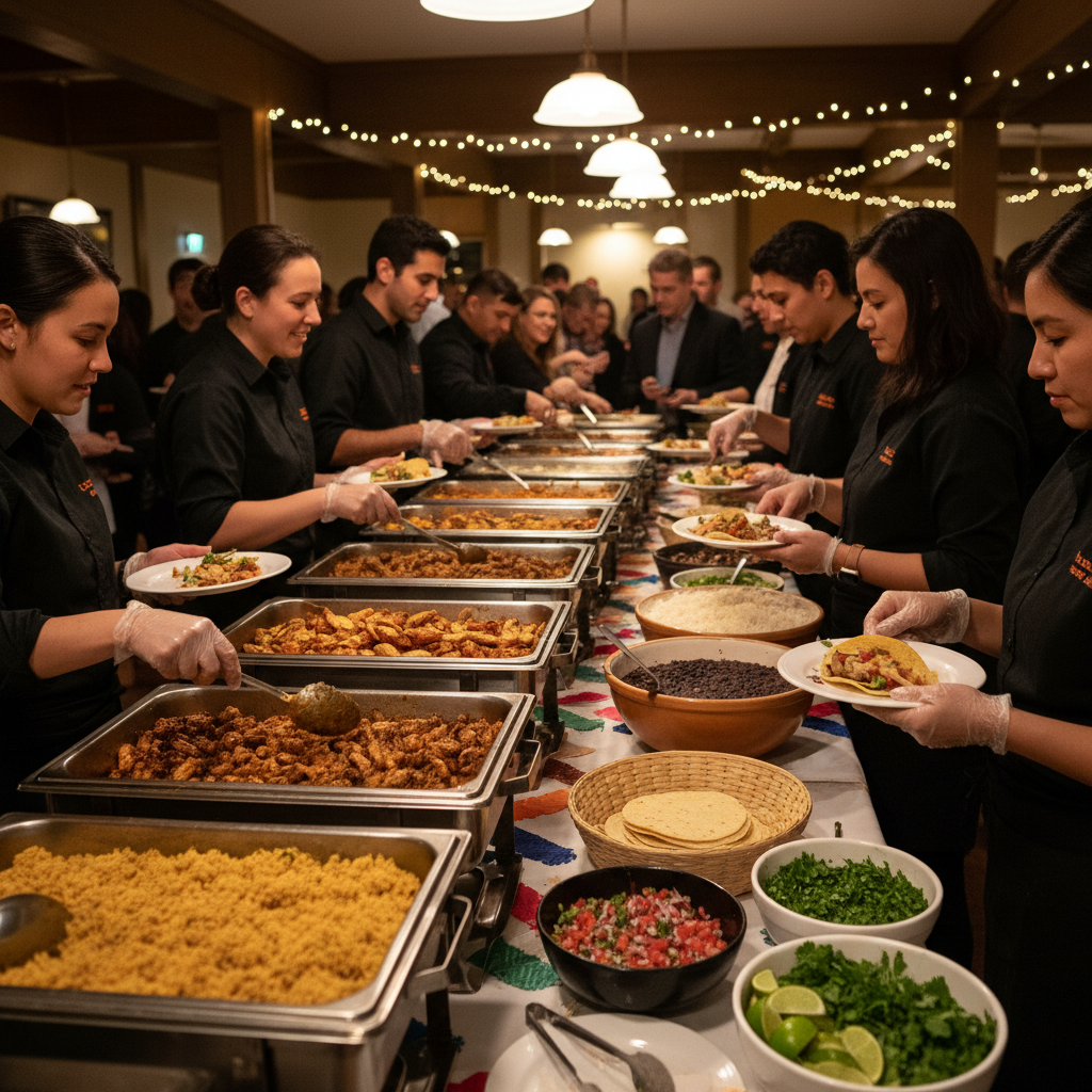 Catered Mexican buffet line with tacos, salsas, rice, and beans being served at a Toronto event