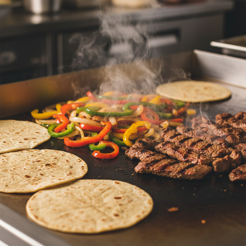 Close-up of tortillas and sizzling fajita vegetables on a grill for Toronto Mexican catering
