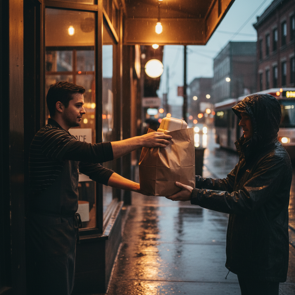 Restaurant takeout handoff scene with a paper bag being passed to a customer on a rainy evening, ideal depiction of pickup vs delivery choice