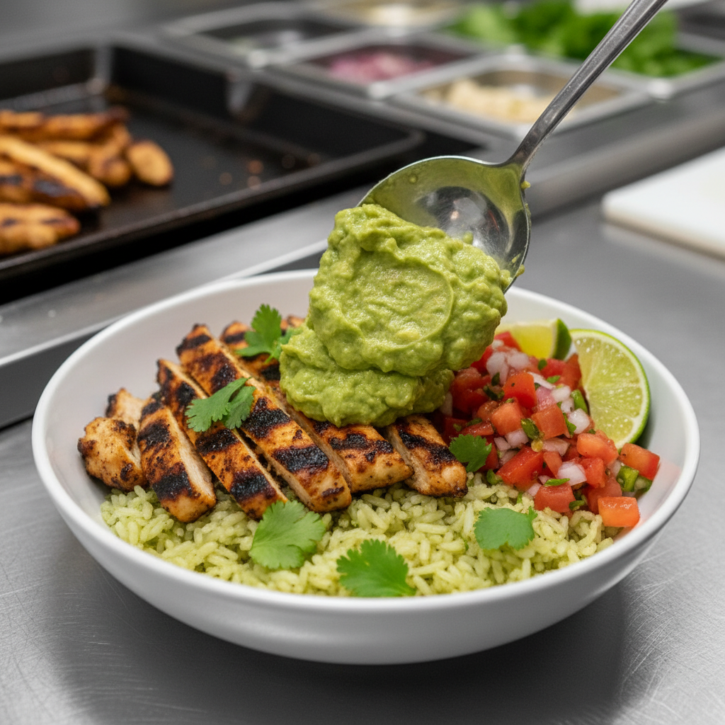 Close-up of a Mexican burrito bowl being assembled with grilled chicken, cilantro-lime rice, pico de gallo, and guacamole for takeout