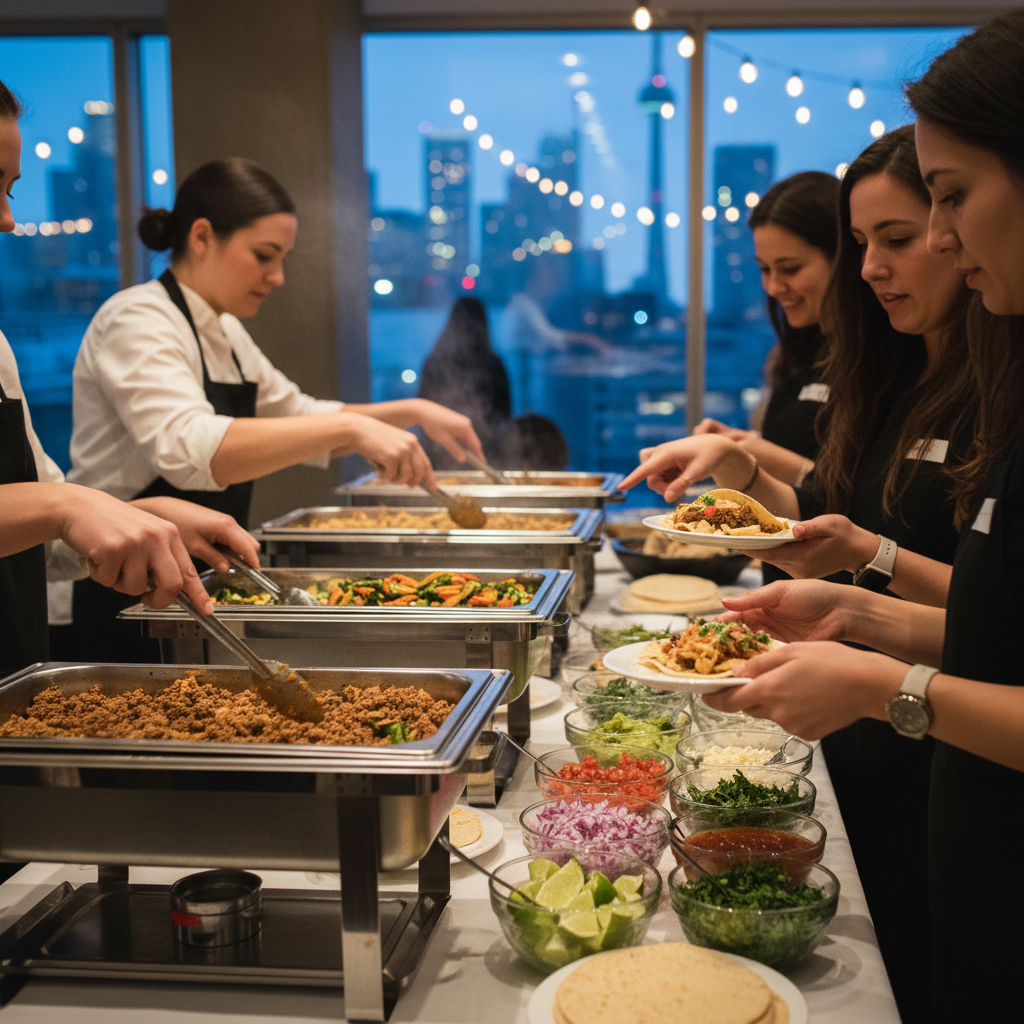Catered taco bar setup with chafing dishes and colorful garnishes at a Toronto corporate event