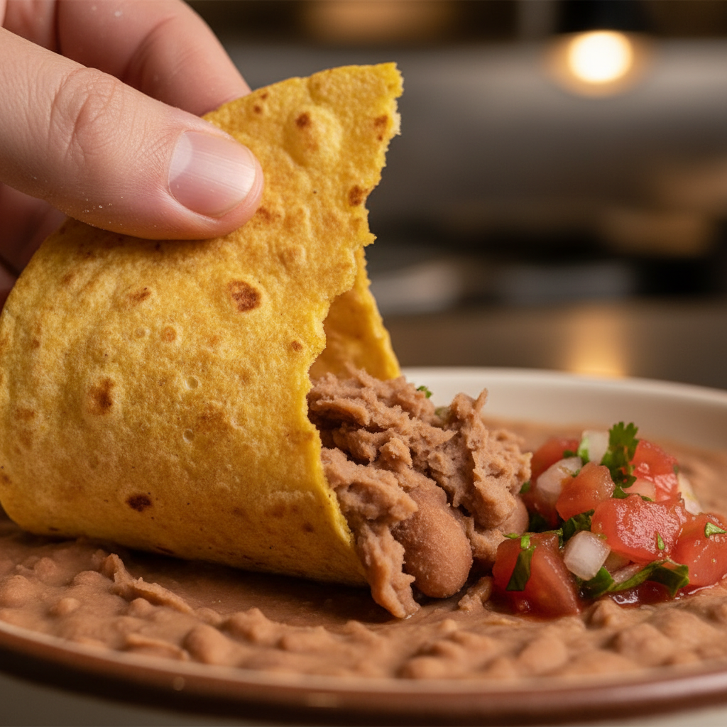 Mexican cuisine dining etiquette shown with hands tearing a warm corn tortilla to scoop salsa and beans respectfully