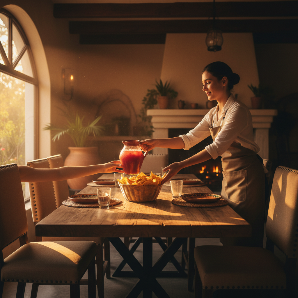 Server placing agua fresca and tortilla chips on a table, modeling friendly Mexican dining etiquette and pacing