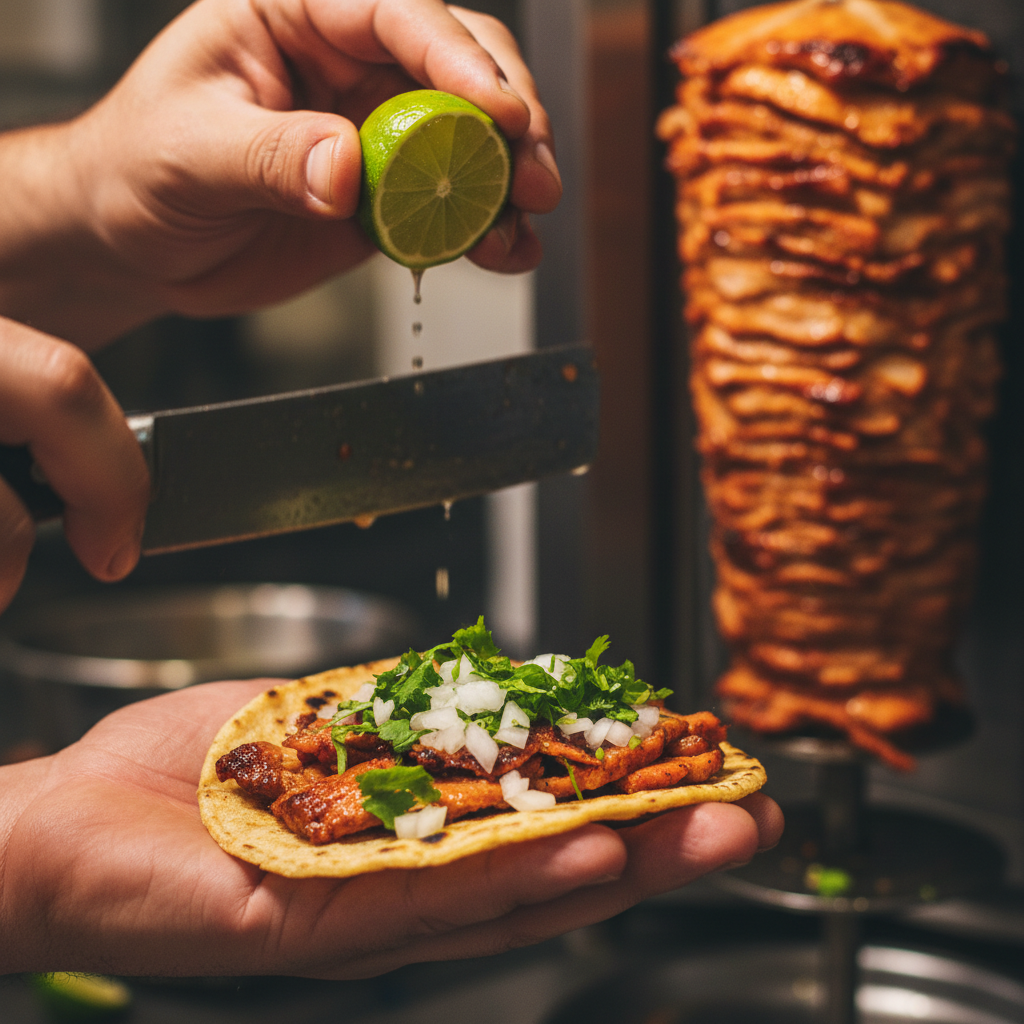 Close-up of hands assembling a taco for Mexican catering with cilantro, onion, and lime.