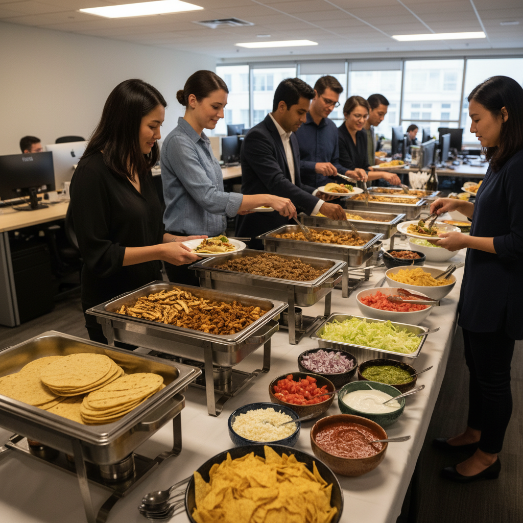 Office lunch taco bar scene showing Mexican catering chafing dishes and guests serving.