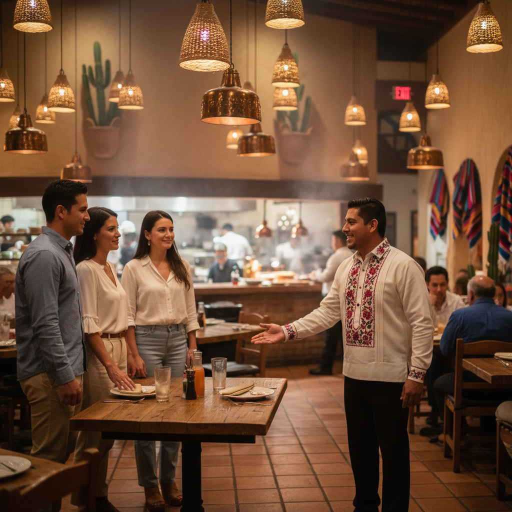 Host guiding guests to a table at a Mexican restaurant, demonstrating reservation tips in action