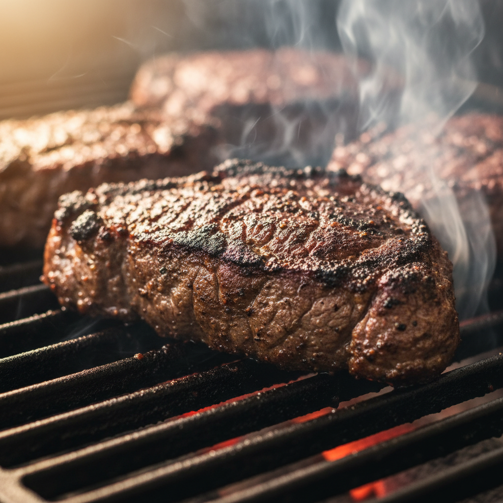 Close-up of carne asada searing on a grill, showcasing authentic Mexican grill flavors with Maillard char and rising smoke