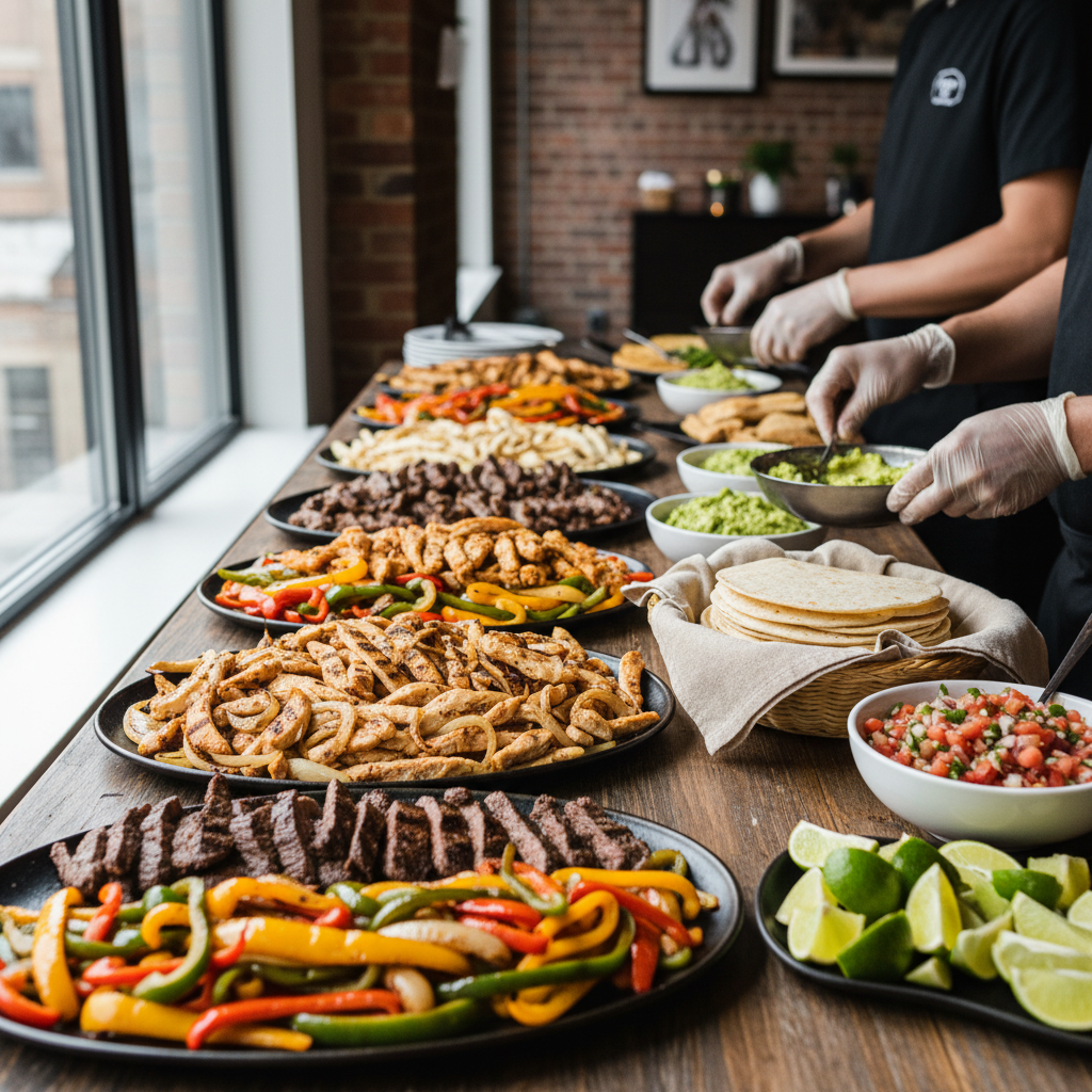 Catered Mexican fajita spread with grilled steak and chicken, sautéed peppers and onions, tortillas, pico de gallo, and limes ready for service