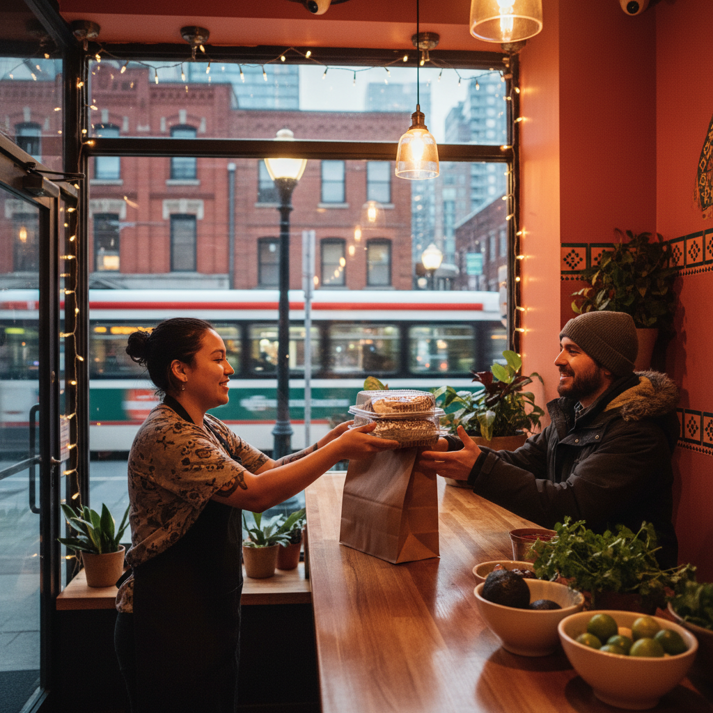 Mexican takeout handoff at counter in Old Toronto, perfect for quick pickup from La Rio’s Mexican Grill