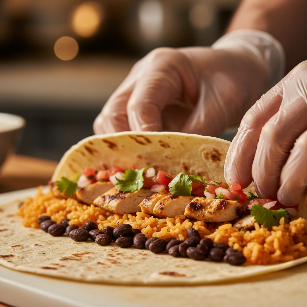 Close-up of a Mexican grill burrito being wrapped for lunch takeout in Old Toronto