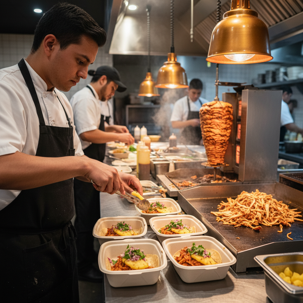 Chef assembling tacos al pastor into takeout boxes inside a modern Mexican grill kitchen