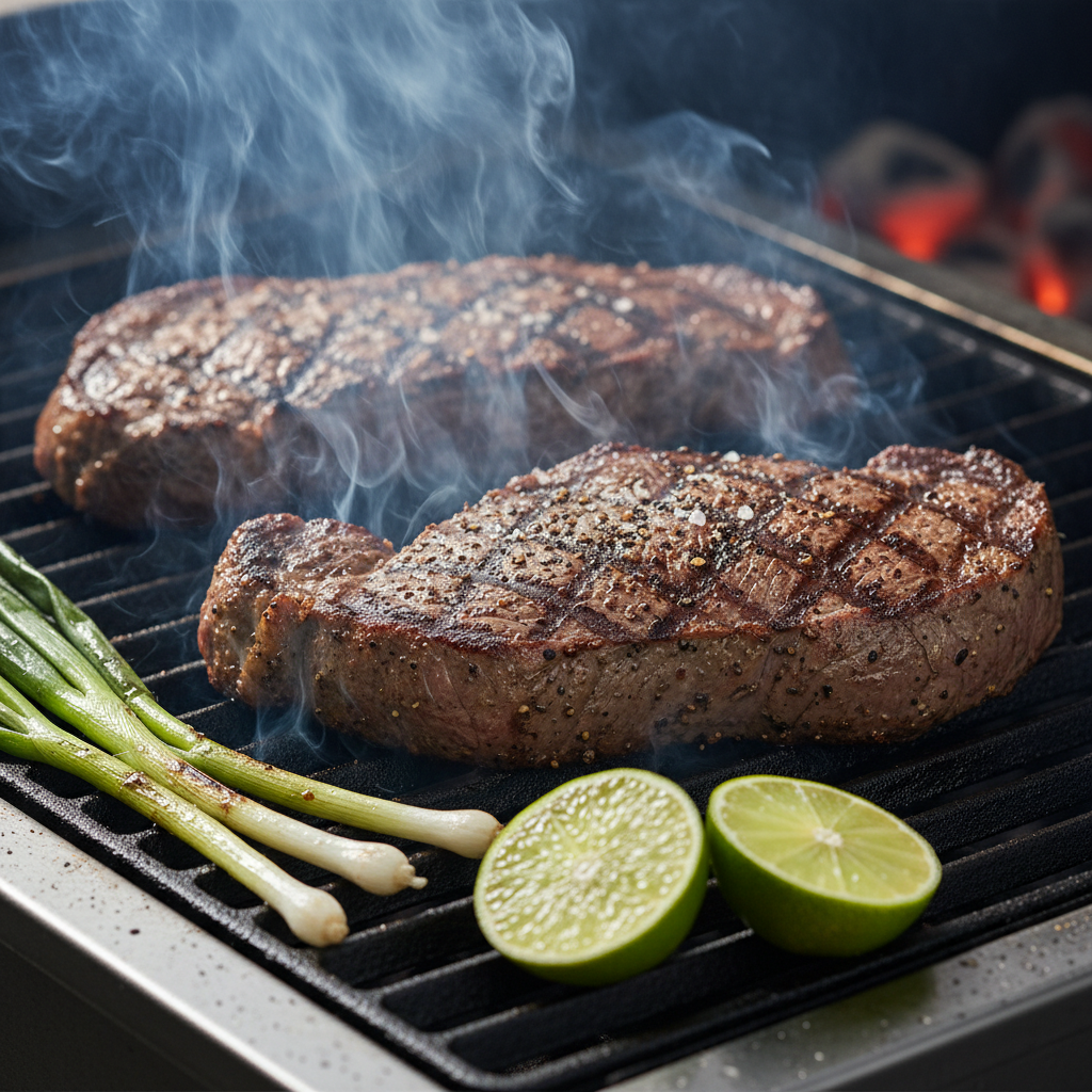 Close-up of carne asada sizzling on grill grates with mesquite smoke for authentic Mexican grill cooking
