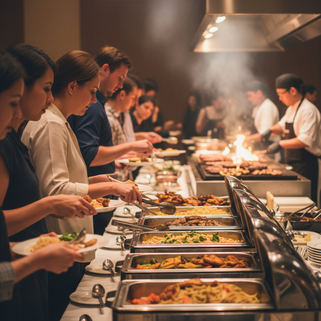 Side-angle view of a Mexican buffet line with chafing dishes and a live grill station in the background at an indoor event