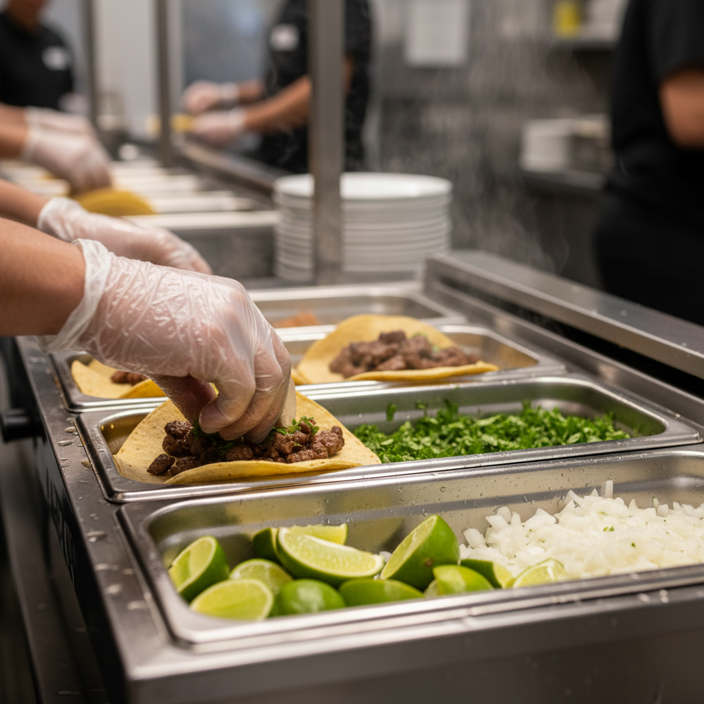 Close-up of tacos assembled at a Mexican grill catering line with warm tortillas, grilled steak, cilantro, onions, and lime