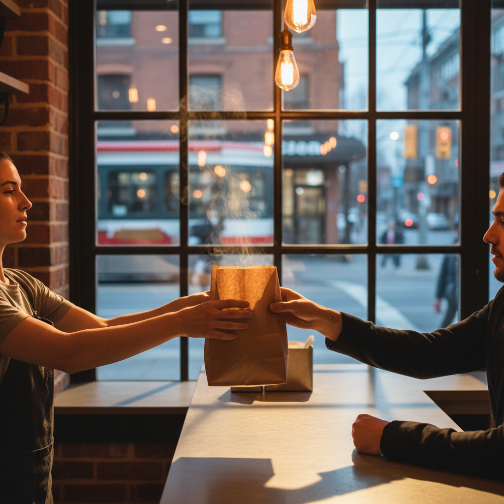Side-angle takeout handoff with hot Mexican grill meals bagged for pickup along Queen Street West