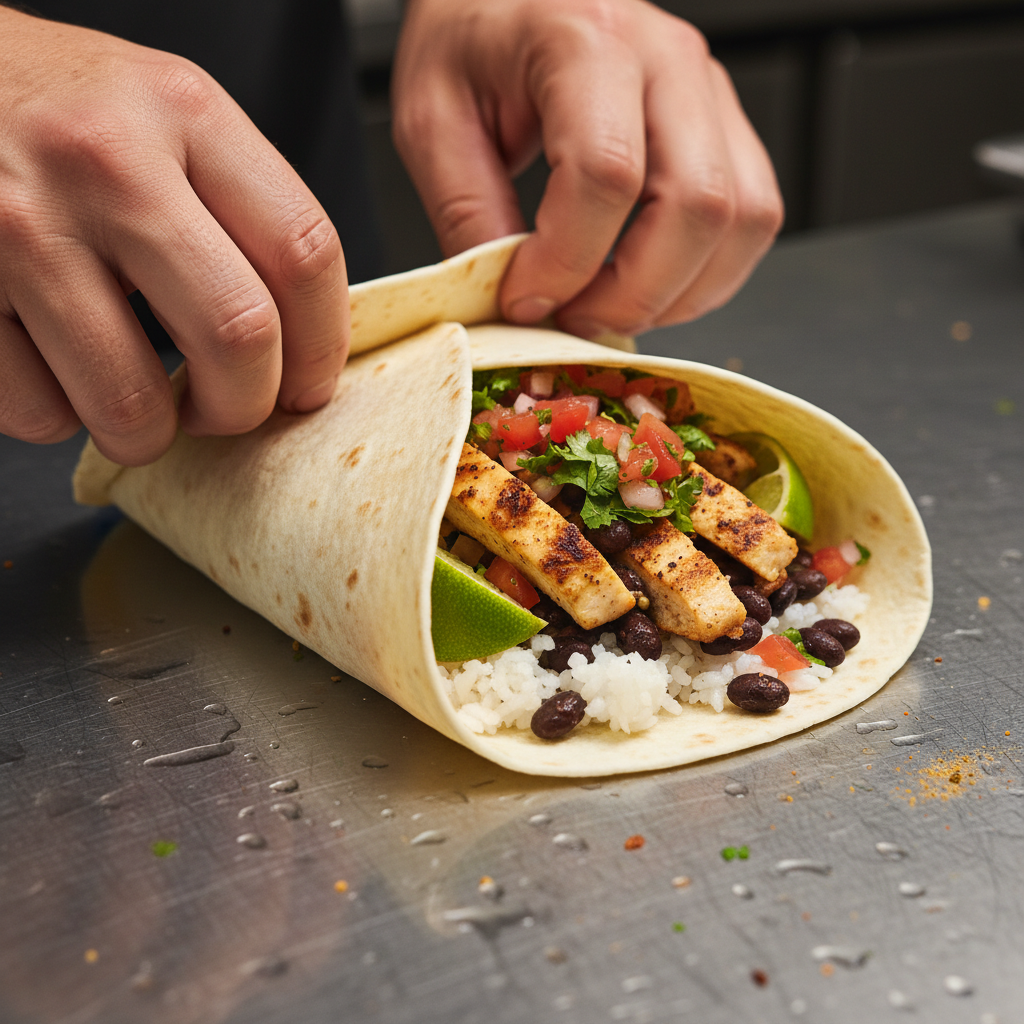 Close-up of a burrito being wrapped with grilled chicken, rice, beans, and pico—ideal for takeout from a Mexican grill
