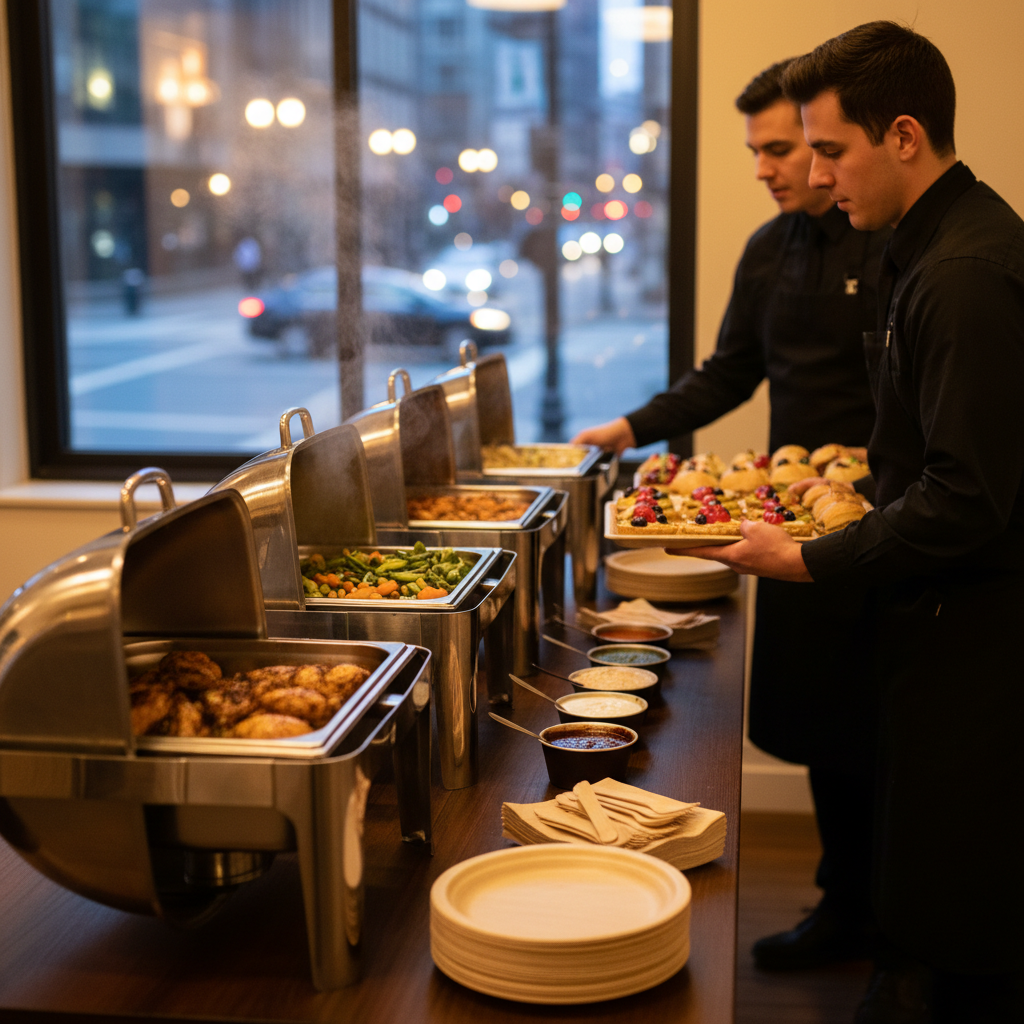 Drop-off Mexican catering setup with chafing dishes, sauces, and eco-friendly plates in a Toronto event space