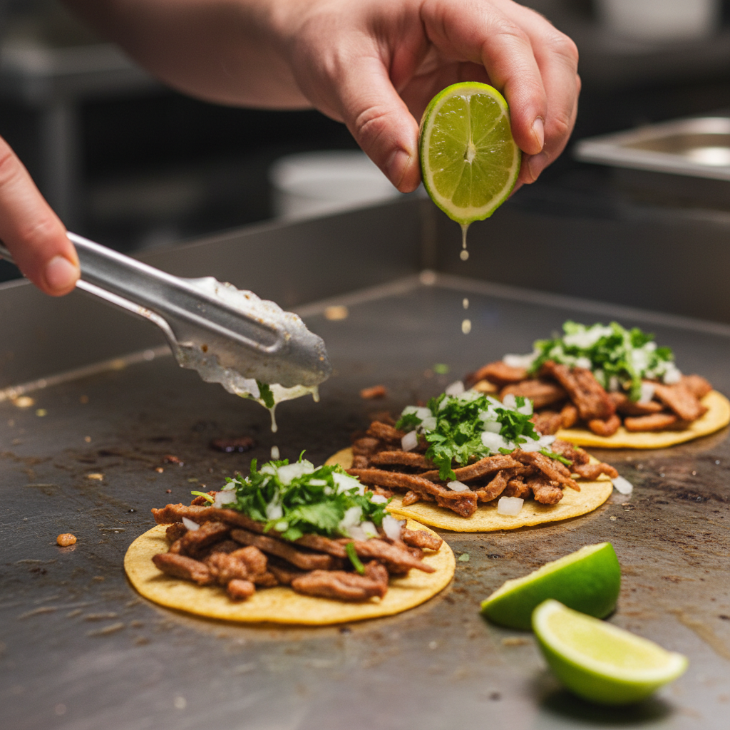 Close-up of chef assembling street-style tacos with fresh toppings for Mexican catering in Toronto